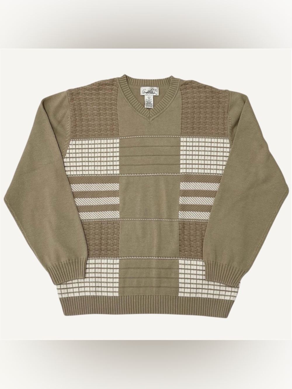 Vintage 90s Arnold Palmer Knit Geometric V Neck Grandpa Sweater Tan Medium